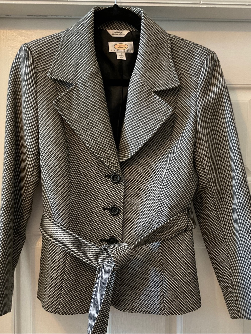 Talbots Black and White Herringbone Belted Blazer, 4P